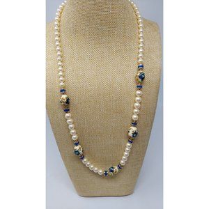 Vintage Pearl and Large floral Bead Blue Gold Tone Lone Necklace